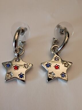 Silver Star Dangle Earrings with Red & Blue Accents Earrings